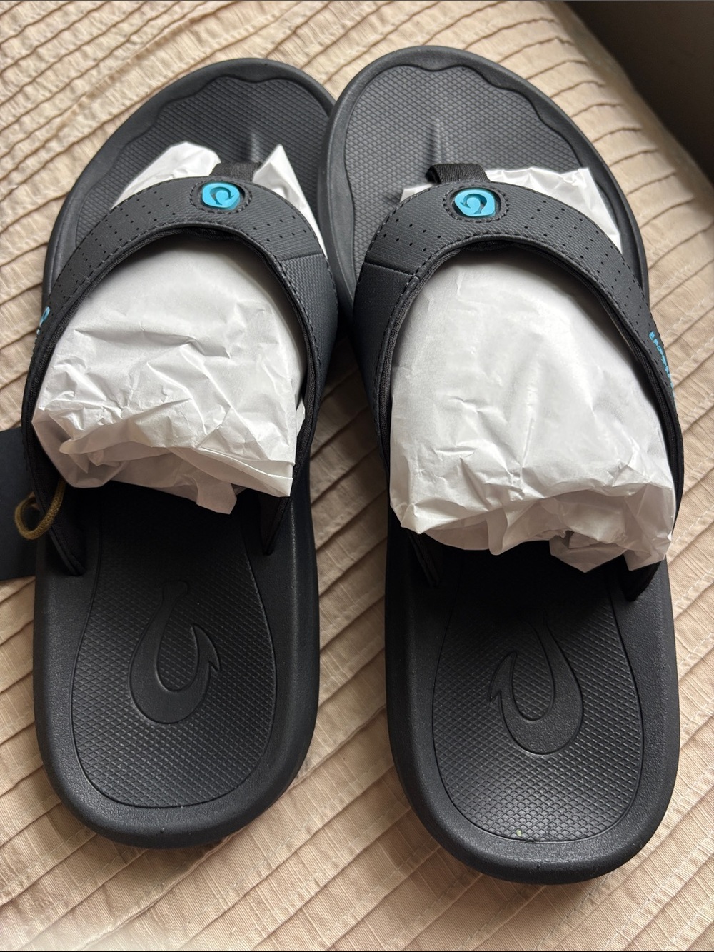 OluKai Men's Black Flip Flops with Teal Logo Accent
